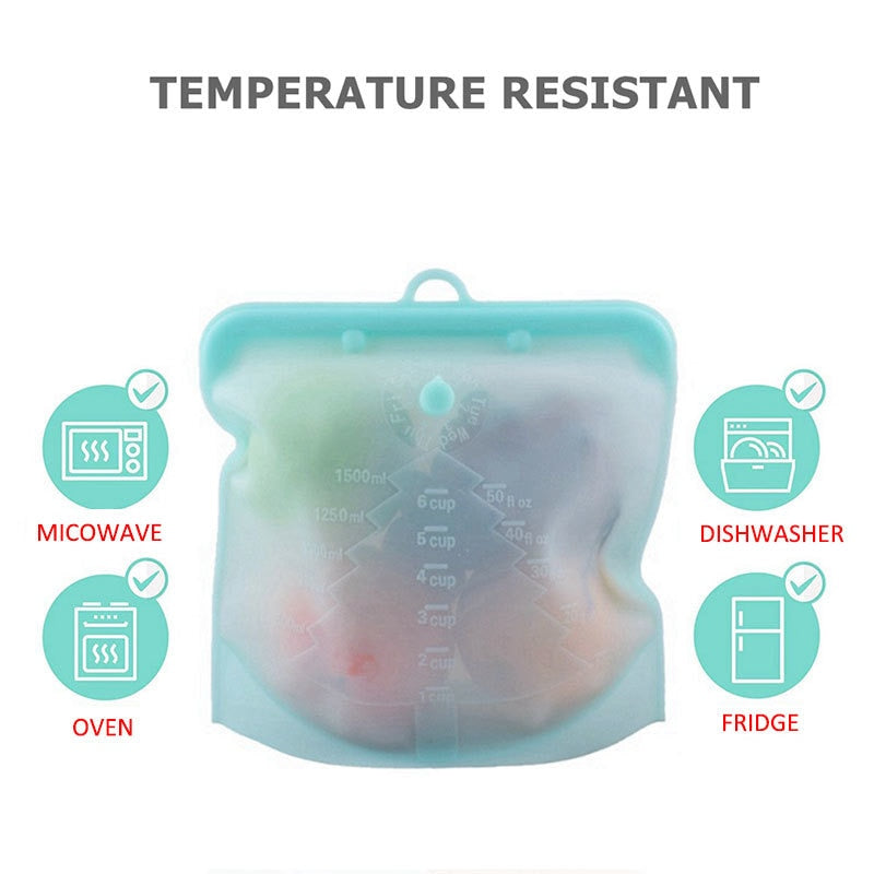 500ml/1000ml/1500ml Home Portable Silicone Food Bag Reusable Leakproof Storage Bag Food-grade Silicone Fresh Frozen Food Bag