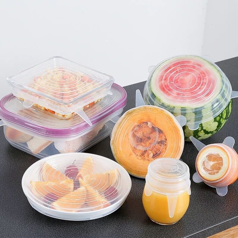 6pcs Silicone Lids Durable Reusable Save Cover Heat Resisting Fits All Sizes Home Kitchen Transparent Food Fresh-keeping Lids