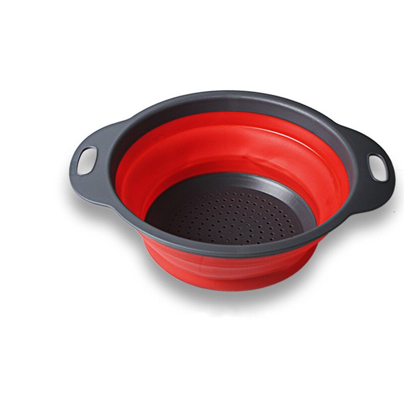 Large Size + Small Folding Drain Basket-Red Circle Drain Basket Extendable Fruit Brasket 2 Pieces Rubber-Plastic Basket