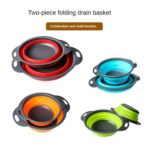 Large Size + Small Folding Drain Basket-Red Circle Drain Basket Extendable Fruit Brasket 2 Pieces Rubber-Plastic Basket