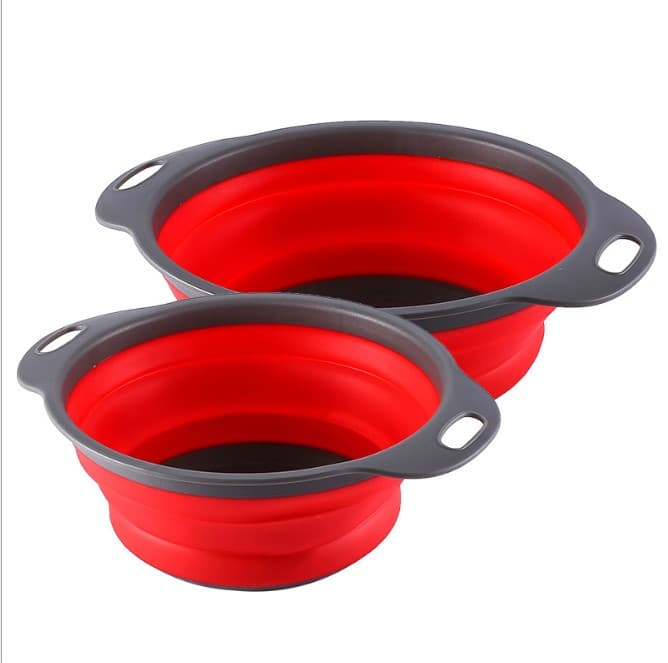 Large Size + Small Folding Drain Basket-Red Circle Drain Basket Extendable Fruit Brasket 2 Pieces Rubber-Plastic Basket