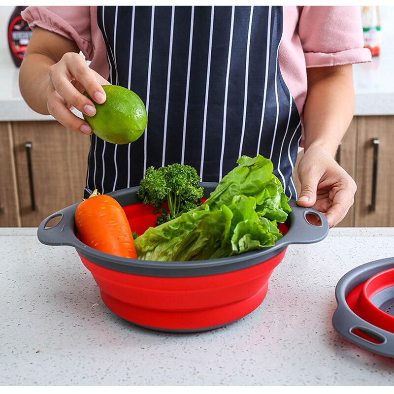 New One-Piece Large Size Folding Drain Basket-Red Round Drain Basket Telescopic Folding Fruit Brasket Rubber-Plastic Fruit