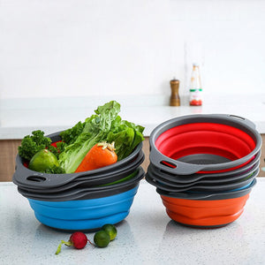 New One-Piece Large Size Folding Drain Basket-Red Round Drain Basket Telescopic Folding Fruit Brasket Rubber-Plastic Fruit