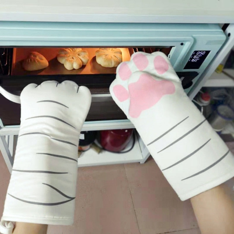 Portable 3D Cartoon Cat Paws Oven Mitts Long Cotton Baking Insulation Gloves Microwave Heat Resistant Non-slip Kitchen Gloves