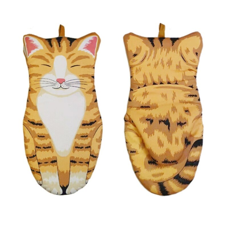 Portable 3D Cartoon Cat Paws Oven Mitts Long Cotton Baking Insulation Gloves Microwave Heat Resistant Non-slip Kitchen Gloves