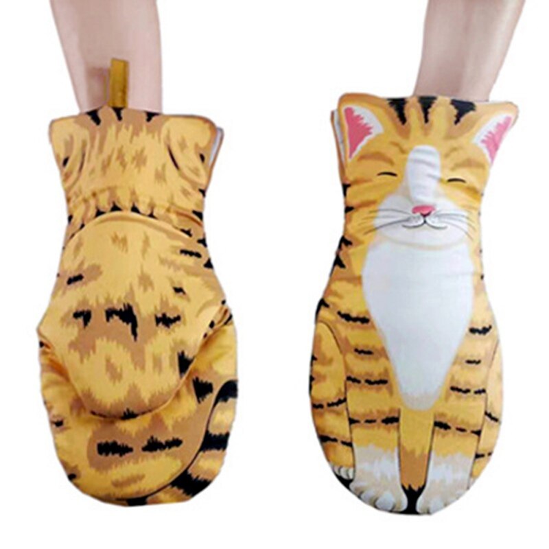 Portable 3D Cartoon Cat Paws Oven Mitts Long Cotton Baking Insulation Gloves Microwave Heat Resistant Non-slip Kitchen Gloves