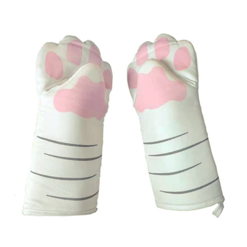 Portable 3D Cartoon Cat Paws Oven Mitts Long Cotton Baking Insulation Gloves Microwave Heat Resistant Non-slip Kitchen Gloves