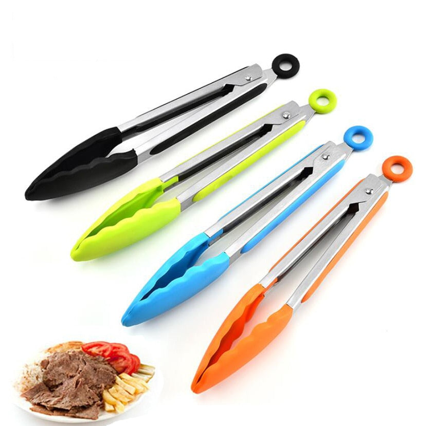 Portable Silicone Food Tong Stainless Steel Kitchen Tongs Silicone Non-slip Cooking Clip Clamp BBQ Salad Tools Grill Accessories