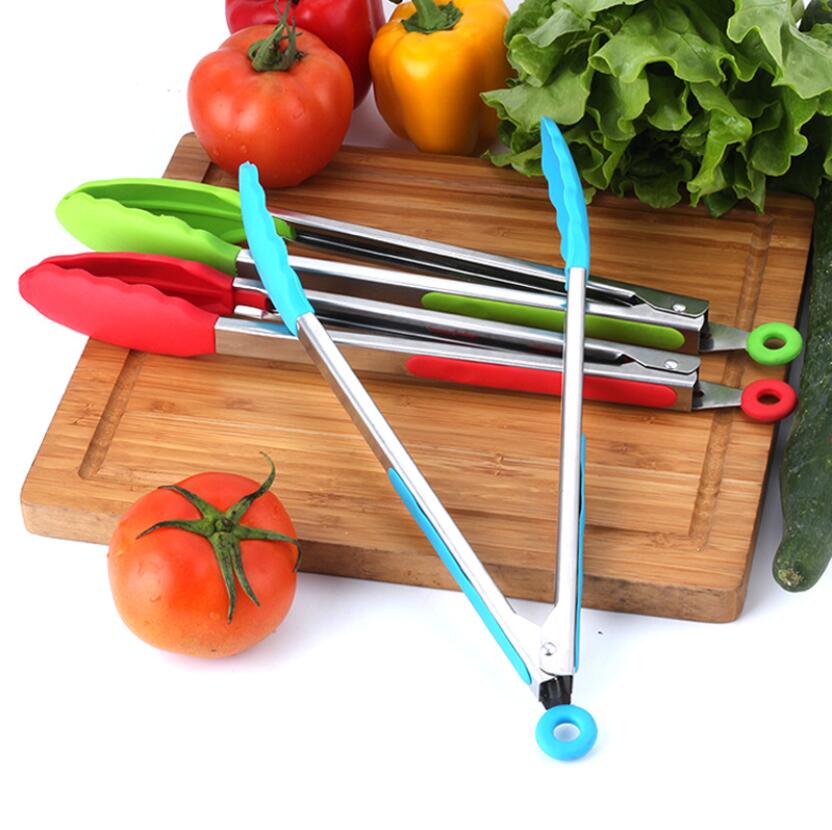 Portable Silicone Food Tong Stainless Steel Kitchen Tongs Silicone Non-slip Cooking Clip Clamp BBQ Salad Tools Grill Accessories